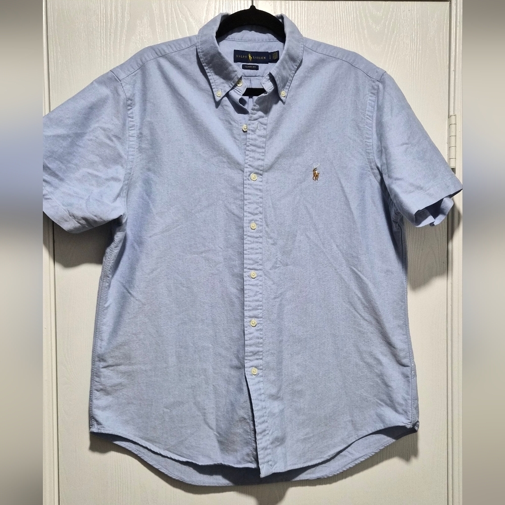 Ralph Lauren Mens Classic Fit Blue Oxford Short Sleeve Button Up Collar Size L